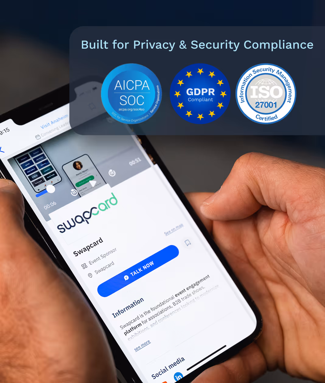 Swapcard mobile screen with verified security badges, highlighting user data protection and platform compliance.